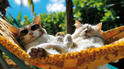 Humorous picture of two cats, one with sunglasses, in a hammock snoozing and relaxing