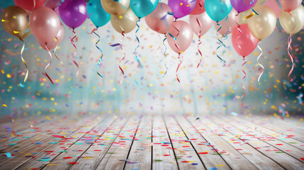 Festive colorful balloons and confetti background with room for copy space for a banner or sign