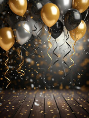 Floating silver, gold, and black balloons and confetti background for graduation, anniversary, or birthday, with room for copy space