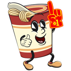 vector isolated clip art illustration of cute instant noodles cup mascot raising a foam finger, work of handmade 