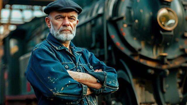 Master of the Rails A portrait of a confident railroad engineer in his work attire, standing in front of a locomotive with his arms crossed and a determined look on his face.