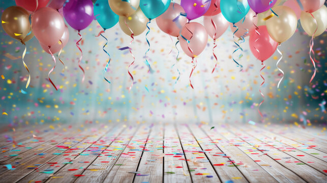 Festive colorful balloons and confetti background with room for copy space for a banner or sign