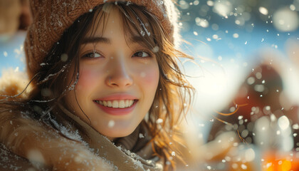 Fototapeta premium A smiling young woman with snowflakes on her hair and scarf revels in the beauty of a sunny winter day at a Hanami picnic under a blanket of falling cherry blossoms