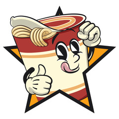 vector isolated clip art, logo illustration of cute instant noodles cup mascot out from of a star with thumbs up, work of handmade