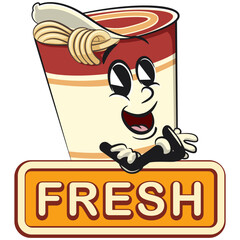 vector isolated clip art illustration of cute instant noodles cup mascot carrying a sign that says fresh, work of handmade 