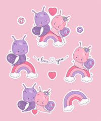 Sticker collection enamored romance couple snail. Cute kawaii valentines character insect girl and boy on rainbow with heart and lettering I love you. Isolated vector illustration .