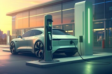 Charger for electric car. Station for charging electric vehicles. Rendered in 3D. Generative AI