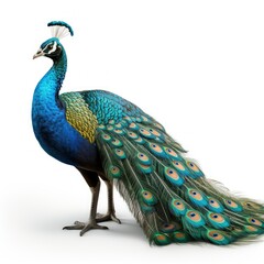 Obraz premium Isolated white background showcases a vibrant peacock, displaying its stunning blue and green plumage, with a close-up focus on its majestic feathers and elegant profile in this beautiful wildlife por