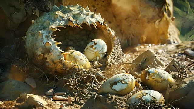 A fossilized nest with several eggs hatching portraying a scene of new life and the continuation of a dinosaur species.