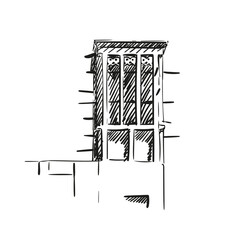 Wind catcher tower hand drawn illustration, Vector sketch of traditional architectural element for cross ventilation and passive cooling in building, Old Dubai
