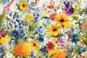 Fototapeta na wymiar A happy, sunny watercolour background of various densely packed European summer blossoms