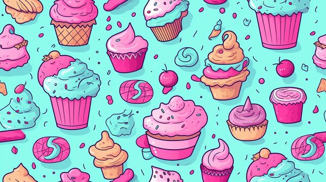 Seamless pattern with hand drawn cupcakes. Vector illustration.