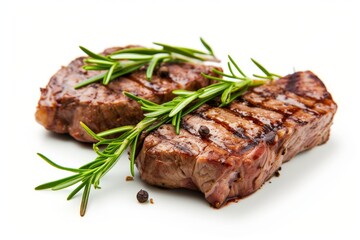 Grilled steaks with rosemary isolated on white background