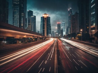 Fototapeta na wymiar road in city with skyscrapers and car traffic light. Generative AI
