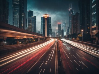 Fototapeta premium road in city with skyscrapers and car traffic light. Generative AI