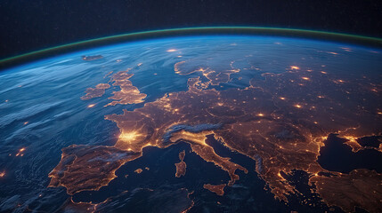 Europe from space during sunrise with country borders visible. 3D illustration. Celestial Connections. 3D rendering and illustration.