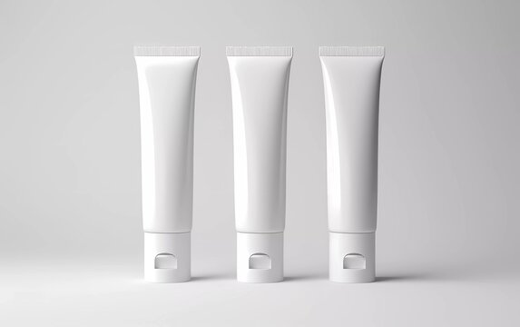 Several realistic white empty cosmetic tube mockups isolated on a light background. generative ai
