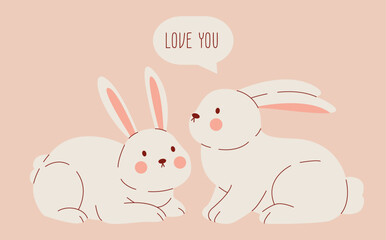 White rabbits in love. Two animal characters illustration for Valentine's Day. Bunnies say i love you