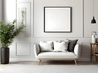 Mockup poster frame on the wall of living room. Luxurious apartment background with contemporary design. Modern interior design. 3D render, 3D illustration.