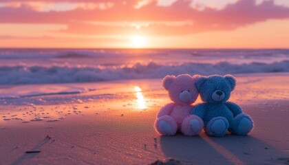 A high-resolution photograph featuring a pink and blue teddy bear duo enjoying a sunset walk along the sandy shore of a tranquil beach
