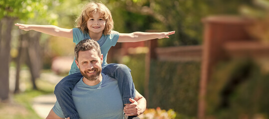 Banner of father and son walk, happy father with kid relaxing together in park, togetherness