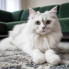 Fototapeta premium Beautiful white persian cat lying on the carpet at home.