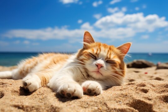 Cute ginger cat lying on the sand near the sea. Selective focus.
