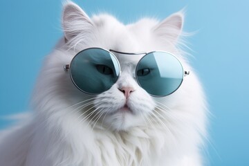 White persian cat wearing blue sunglasses. Isolated on blue background.