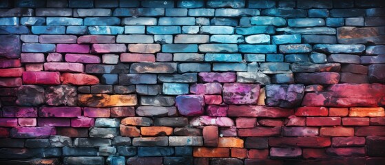 Urban artistry meets rustic charm in this abstract neon pink and blue painted colored damaged brick wall, Ai Generated.