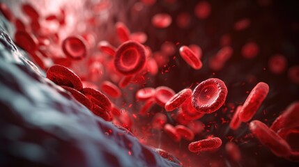 Fototapeta premium 3D rendering of red blood cells in a vein, with a depth of field effect, depicting biological intricacies, Ai Generated.