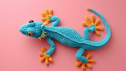 Obraz premium Crocheted lizard toy vibrant backdrop, handcrafted and adorable, Ai Generated