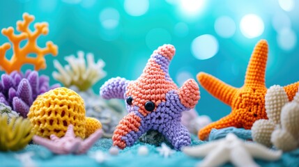 Fototapeta na wymiar Crocheted Marinesponges toy vibrant backdrop, handcrafted and adorable, Ai Generated