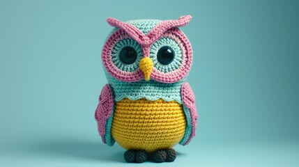 Crocheted owl toy vibrant backdrop, handcrafted and adorable, Ai Generated