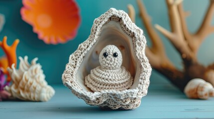 Obraz na płótnie Canvas Crocheted oyster toy vibrant backdrop, handcrafted and adorable, Ai Generated