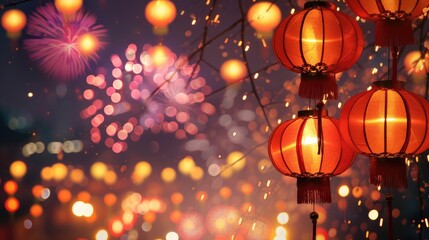 Fototapeta na wymiar Vibrant Chinese New Year lanterns illuminate the festivities alongside a traditional dragon, Ai Generated.