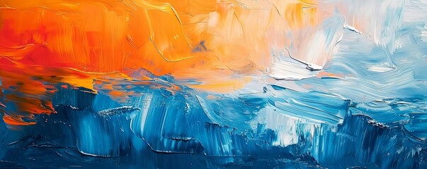 Closeup of abstract rough colorful blue orange complementary colors art painting texture background wallpaper, with oil or acrylic brushstroke waves, pallet knife paint on canvas, Generative AI - obrazy, fototapety, plakaty