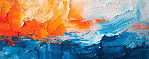 Closeup of abstract rough colorful blue orange complementary colors art painting texture background wallpaper, with oil or acrylic brushstroke waves, pallet knife paint on canvas, Generative AI