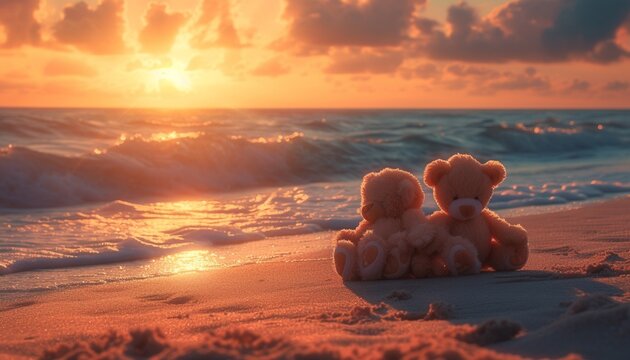 A picturesque 8k image capturing two teddy bears sharing a tender moment on a sandy beach at sunset, framed by gentle waves