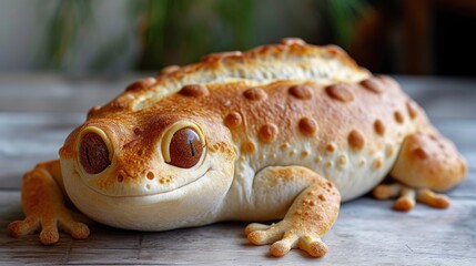 Unique bread loaf resembling an gecko resting on a wooden table, Ai Generated