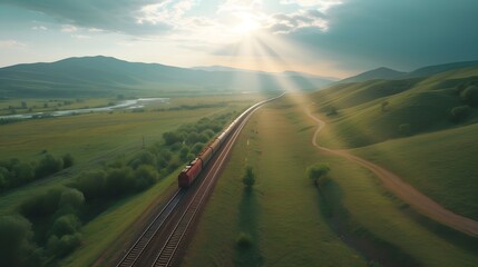 drone view photography of train driving on the train tracks along the green hills