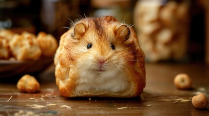 Unique bread loaf resembling an hamster resting on a wooden table, Ai Generated