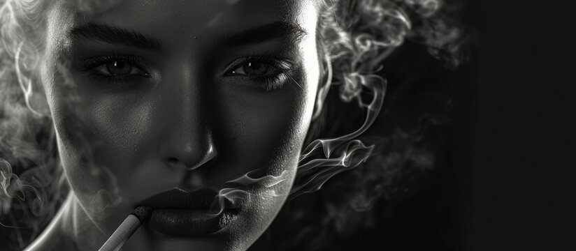 Toned image of a smoking woman gazing at the camera on a black background.