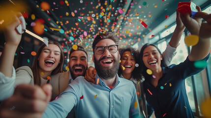 Happy diverse employees team celebrating success business achievement and confetti.