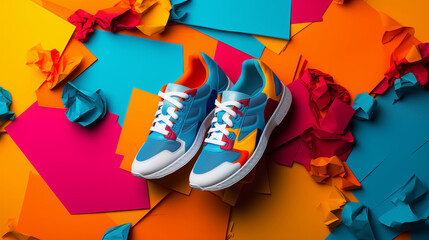 Vibrant Multicolored Sneakers on a Lively Background. Generative AI.
