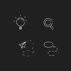 hand-drawn icons of inspiration icons such as light bulbs, paper airplanes, magnifying glasses and hint arrows