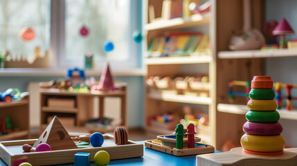  Montessori early education. Kindergarten, preschool classroom interior with wooden furniture,...
