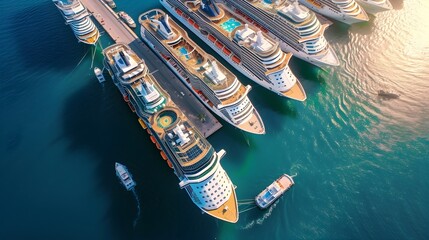 drone view photography of various types of cruise ships at a pier