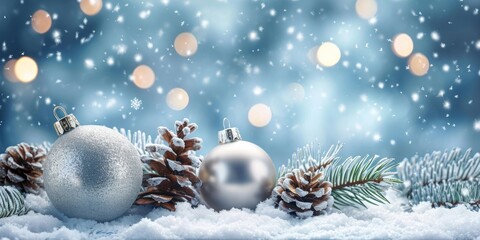 Fototapeta na wymiar Festive christmas ornaments advent celebration holiday banner greeting card - Silver christmas baubles balls, pine cones and branch on snow table, with blue sky and snowflakes in, Generative AI 