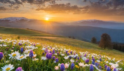 Flower field in the mountains with sunset