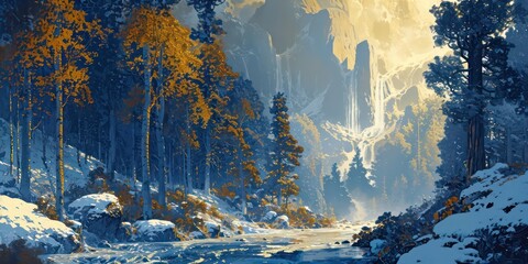 Print depicts a Nordic scene awash in a palette of serene whites, deep blues, and gleaming golds, creating a sense of timeless beauty and charm.  - obrazy, fototapety, plakaty